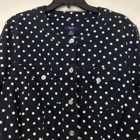 Chaps Navy Blue White Polka Dot Flat Collar Cotton Stretch Denim Jacket Size 2X - Picture 6 of 12